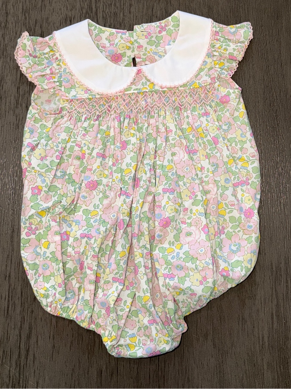 Classic Floral Smocked Peter Pan Collar Baby Romper - Pink/Green Floral